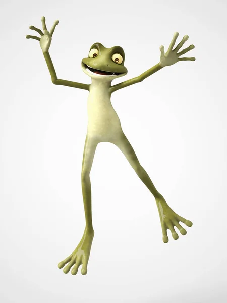 3D візуалізація мультиплікаційної жаби, що стрибає заради радості . — стокове фото
