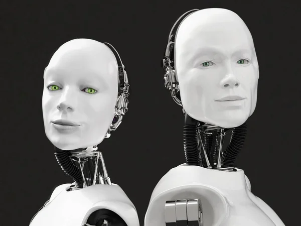 3D-Darstellung der Köpfe eines weiblichen und männlichen Roboters. — Stockfoto