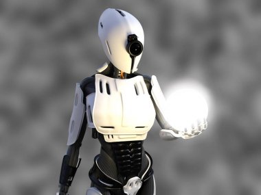 enerji küre tutan bir kadın android robot 3D render.