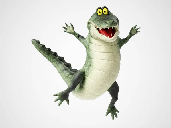 3D-Darstellung eines Karikatur-Krokodils, das vor Freude springt. — Stockfoto