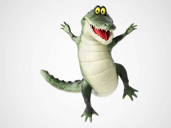 Representación 3D de un cocodrilo de dibujos animados saltando de alegría . —  Fotos de Stock