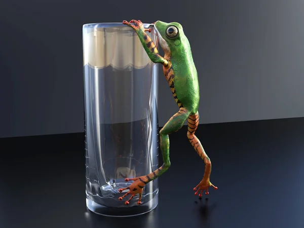 3d 逼真的树蛙在玻璃上攀爬的渲染. — 图库照片