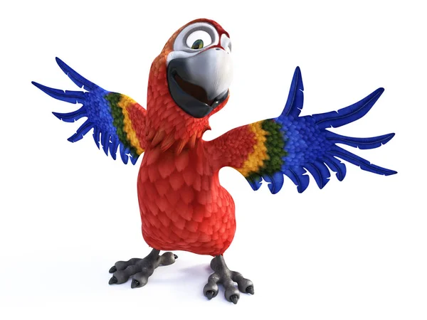 3D візуалізація мультиплікаційного папуги посміхається і тримає крила — стокове фото