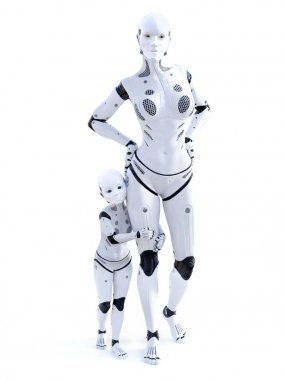 Robot kadının çocuğunu ile 3D render.