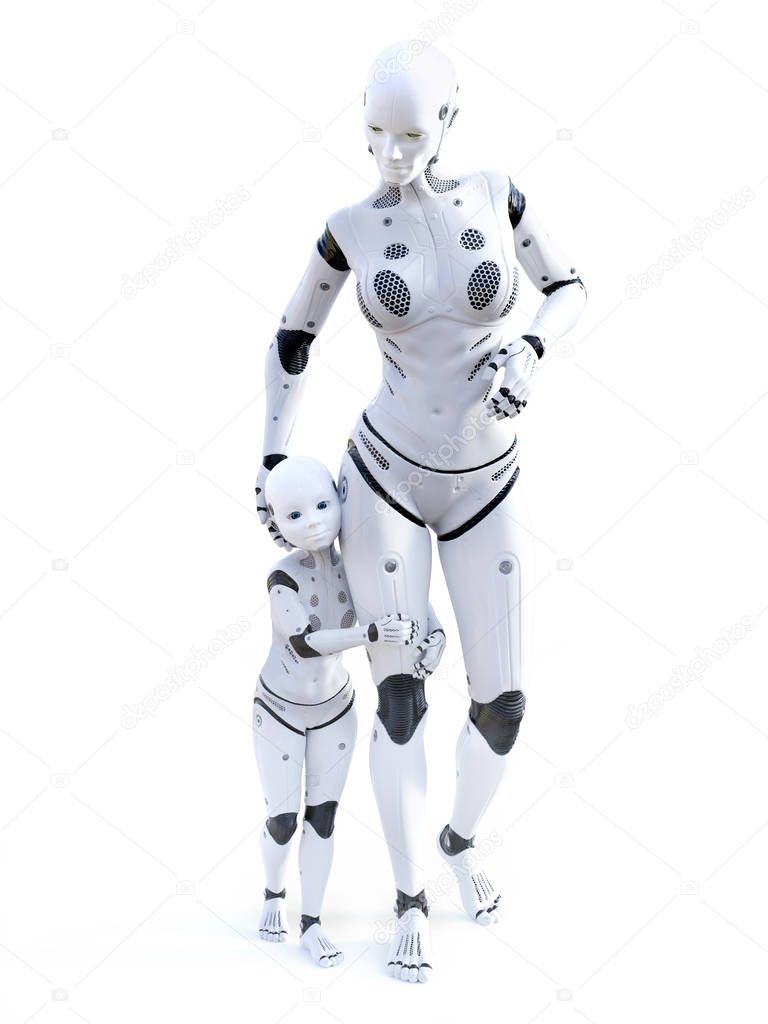 3D rendering of robotic woman with her child.