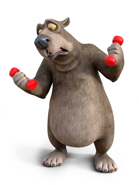 3D rendering of cartoon bear exercising with dumbbells. — Stock Photo, Image