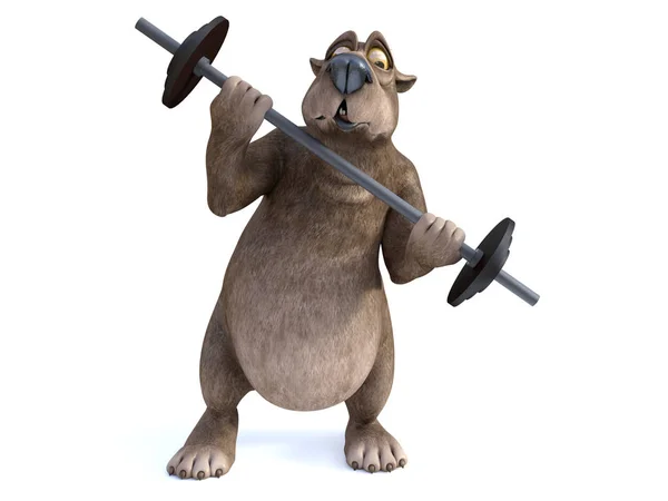 Representación 3D de oso de dibujos animados haciendo ejercicio con barra . —  Fotos de Stock