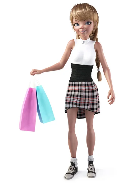 3D vykreslování roztomilé dospívající karikatura dívka nakupování. — Stock fotografie