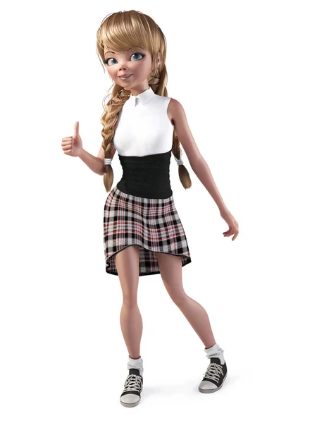Representación 3D de una linda chica de dibujos animados adolescente haciendo pulgares hacia arriba . — Foto de Stock