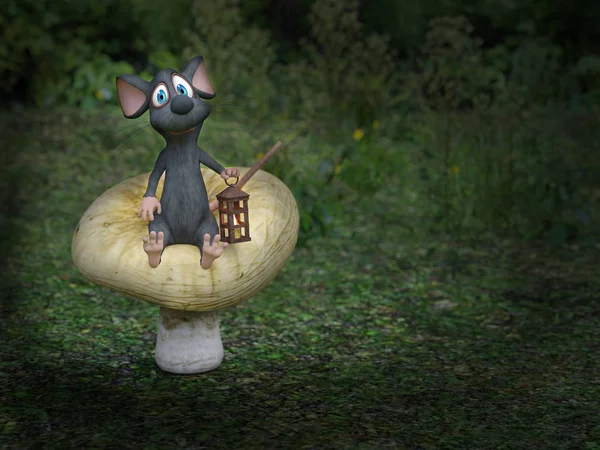 3D-Darstellung einer Cartoon-Maus auf einem Märchenpilz. — Stockfoto