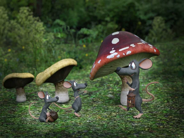 3D rendering of cartoon mice in a fairytale mushroom forest.