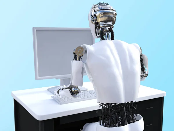 Representación 3D del robot macho sentado en el ordenador . —  Fotos de Stock