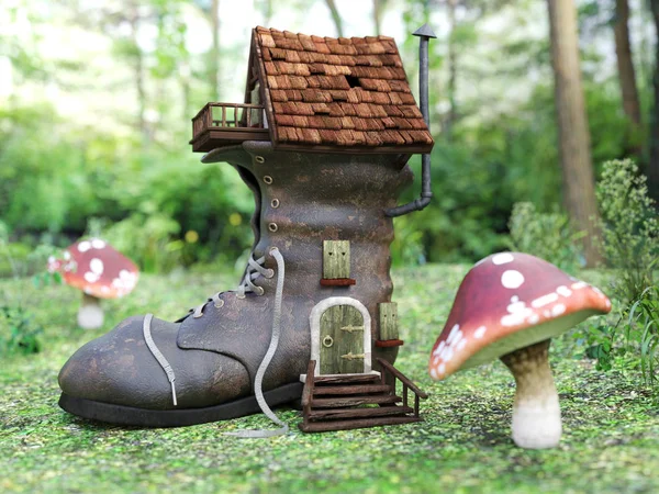 3D vykreslování Pohádkový dům obuvi v lese houby. — Stock fotografie