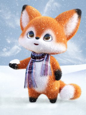 Karda 3 boyutlu bir kawaii çizgi film tilkisi canlandırması.