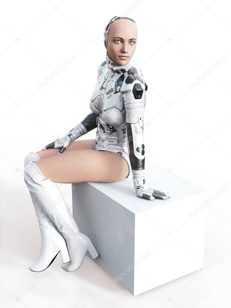 3D rendering of a sexy female android robot.