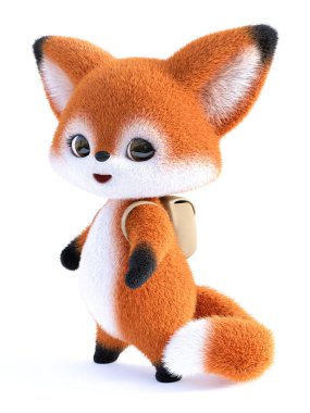 Sırt çantası takan bir kawaii çizgi film tilkisinin 3 boyutlu görüntüsü..