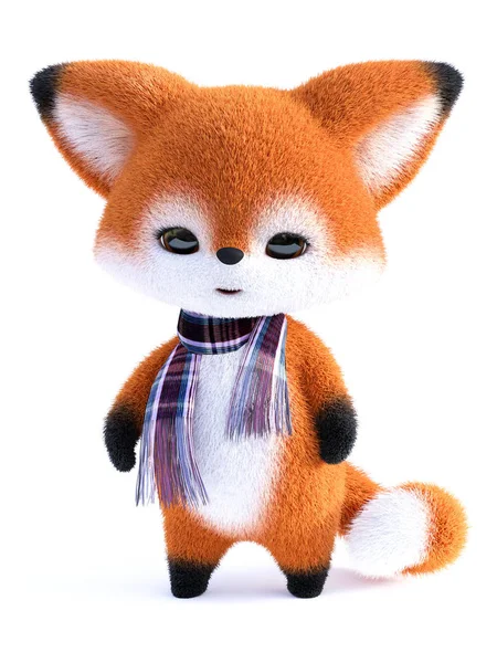 Rendu 3D d'un renard dessin animé kawaii portant une écharpe . — Photo