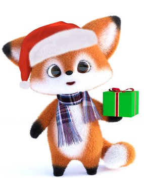 Noel Baba şapkası takan bir kawai tilkisinin 3 boyutlu görüntüsü..