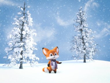 Karda 3 boyutlu bir kawaii çizgi film tilkisi canlandırması.