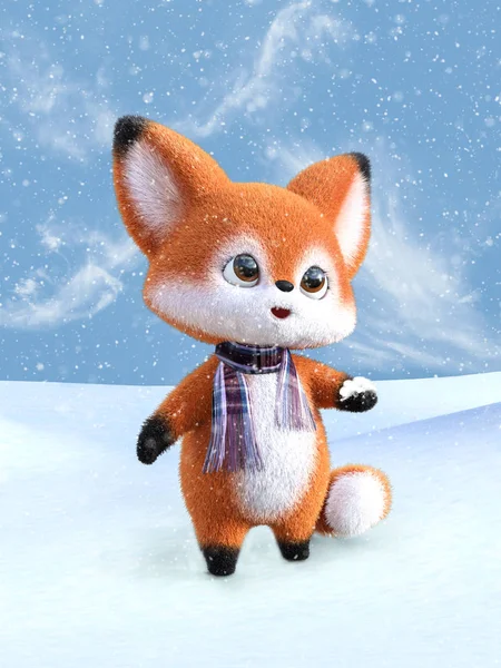 3D απόδοση μιας αλεπούς κινουμένων σχεδίων Kawaii στο χιόνι. — Φωτογραφία Αρχείου