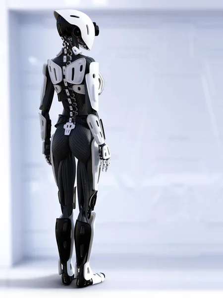 3d weergave van een vrouwelijke androïde robot met rug tegen camera. — Stockfoto