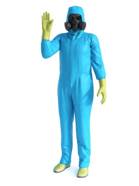 3D渲染身穿蓝色危险物品服的人举起他的手就像他说停止 不要来这里 病毒电晕爆发 — 图库照片