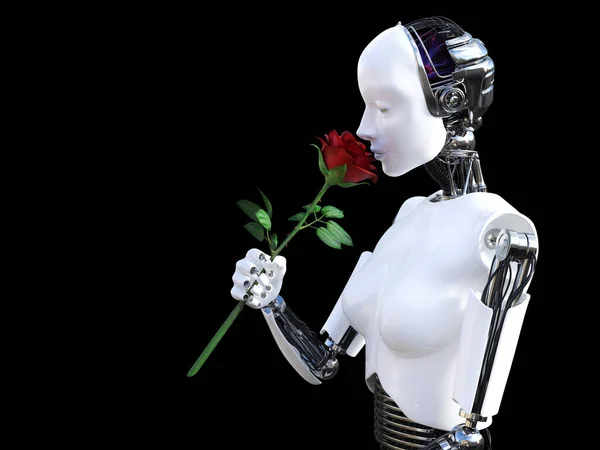 Representación Una Mujer Robot Sosteniendo Una Rosa Roja Que Está — Foto de Stock