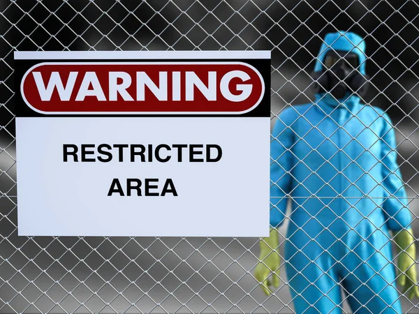 Rendering Person Wearing Hazmat Suit Wire Steel Fence Big Warning — Stock Photo, Image