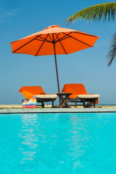 Deckchairs in tropical resort hotel pool — Stock Photo, Image
