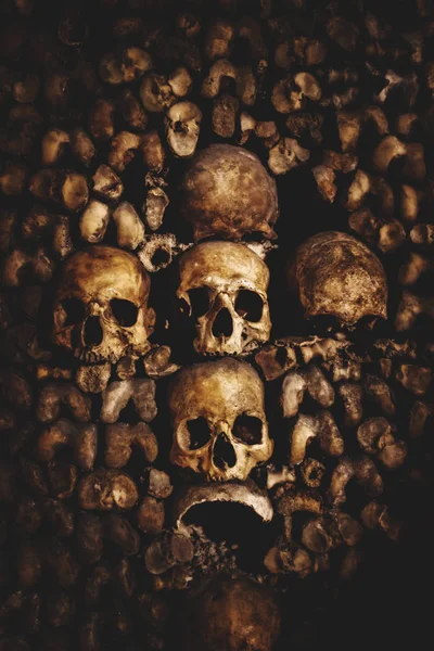 Lebky a kosti v pařížských katakombách — Stock fotografie