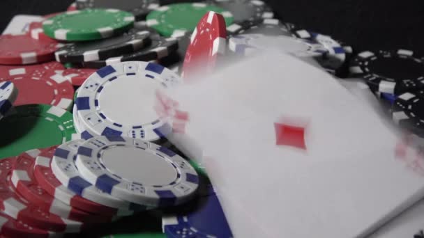 Close Poker Player Playing Cards Chips Green Casino Table — Stock Video