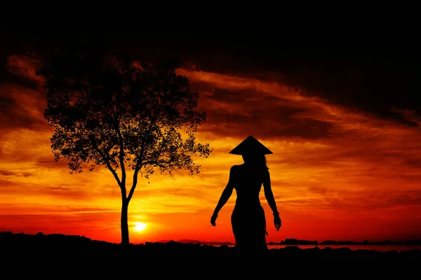 Silhouette di una donna giovane e in forma con un cappello conico asiatico su — Foto Stock