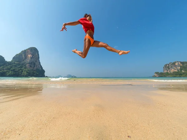 Carefree Woman Bikini Jumping Beach — Stock Photo, Image