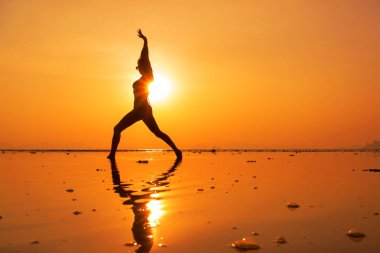 Gün batımında sahilde genç ve zinde bir kadının silueti.