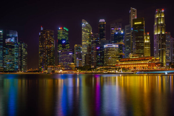Singapore - February 26 2018: Singapore Cityscape Financial building in Marina Bay area Singapore at Dusk