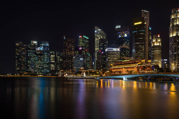 Singapore - February 26 2018: Singapore Cityscape Financial building in Marina Bay area Singapore at Dusk