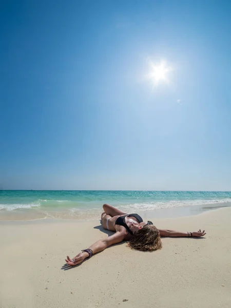 Woman Sunbathing Lying Tropical Beach Summer Travel Holidays — Stock Photo, Image