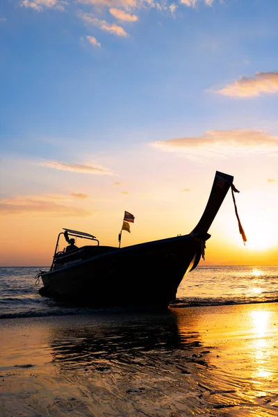 Traditional Long Tail Boat Beach Thailand Sunset Stock Photo