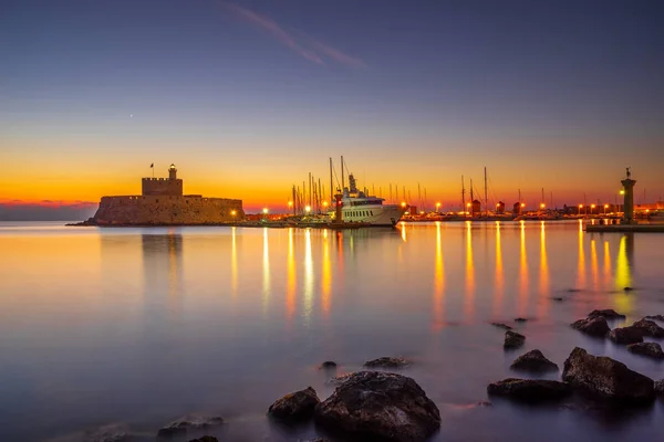 Porto Ilha Rodes Grécia Nascer Sol — Fotografia de Stock