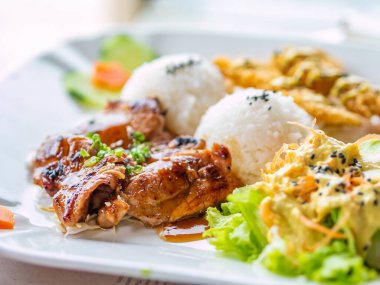 Tavuklu pilav ve sebze yemeği.