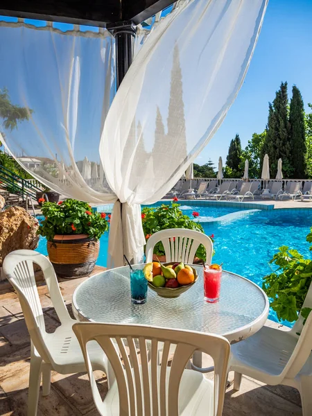 Pool area of a luxury hotel in Greece