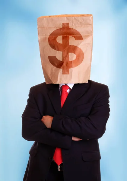 Man with a paper bag on head with dollar symbol — Stock Photo, Image