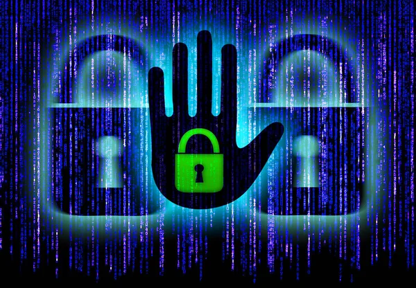 互联网安全与二进制字符手和挂锁的象征 — 图库照片