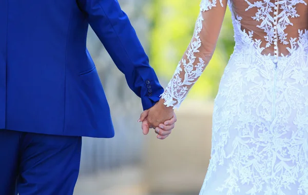 Wedding couple walking together hand in hand — Stock Photo, Image