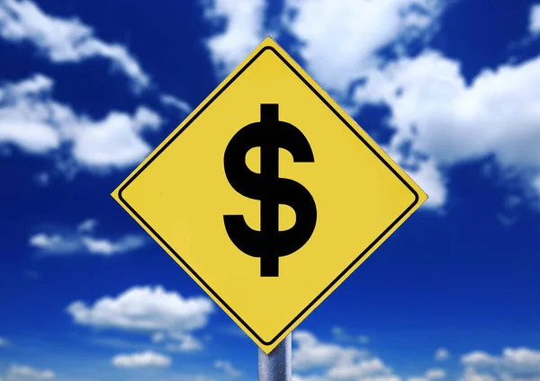 Yellow road sign with cloudscape with dollar symbol — Stock Photo, Image