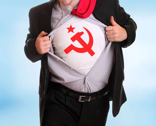 Ung Arg Affärsman Riva Hans Skjorta Kommunistiska Symbol Hammaren Och — Stockfoto