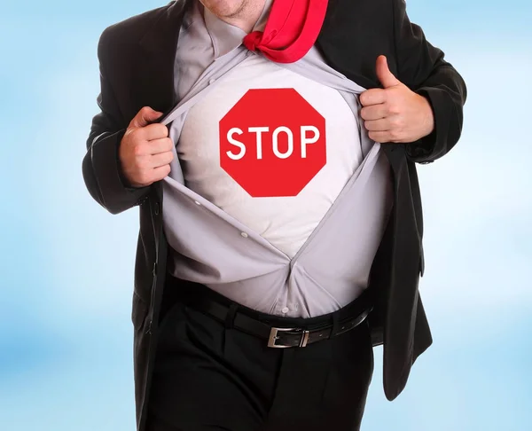 Young Angry Businessman Tearing His Shirt Stop Text — Stock Photo, Image