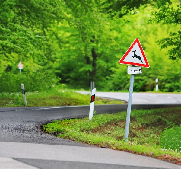 林道で鹿注意の道路標識と交通します — ストック写真