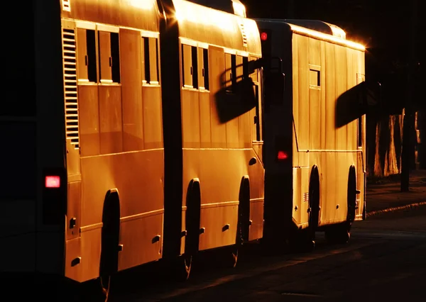 Dwa Autobusy Ulicy Zachód Światło — Zdjęcie stockowe