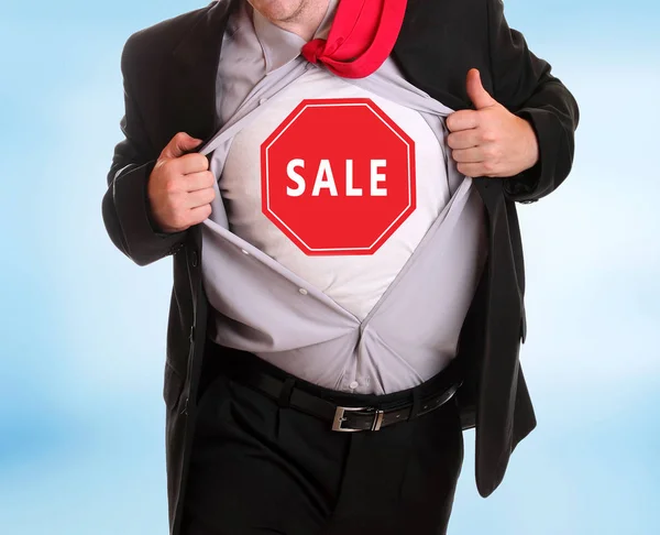 Young Angry Businessman Tearing His Shirt Sale Text — Stock Photo, Image